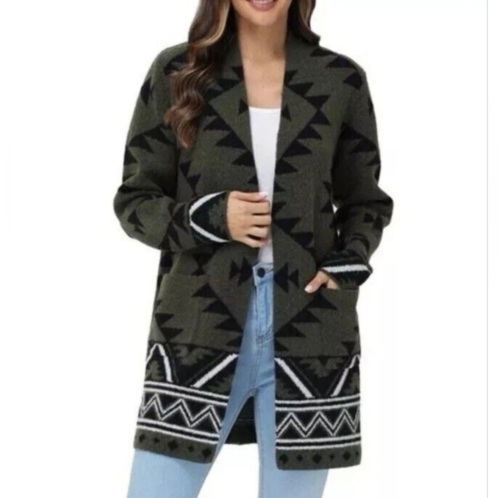 Frye Women's The Cozy Cardigan, Green And Black Size Large Aztec